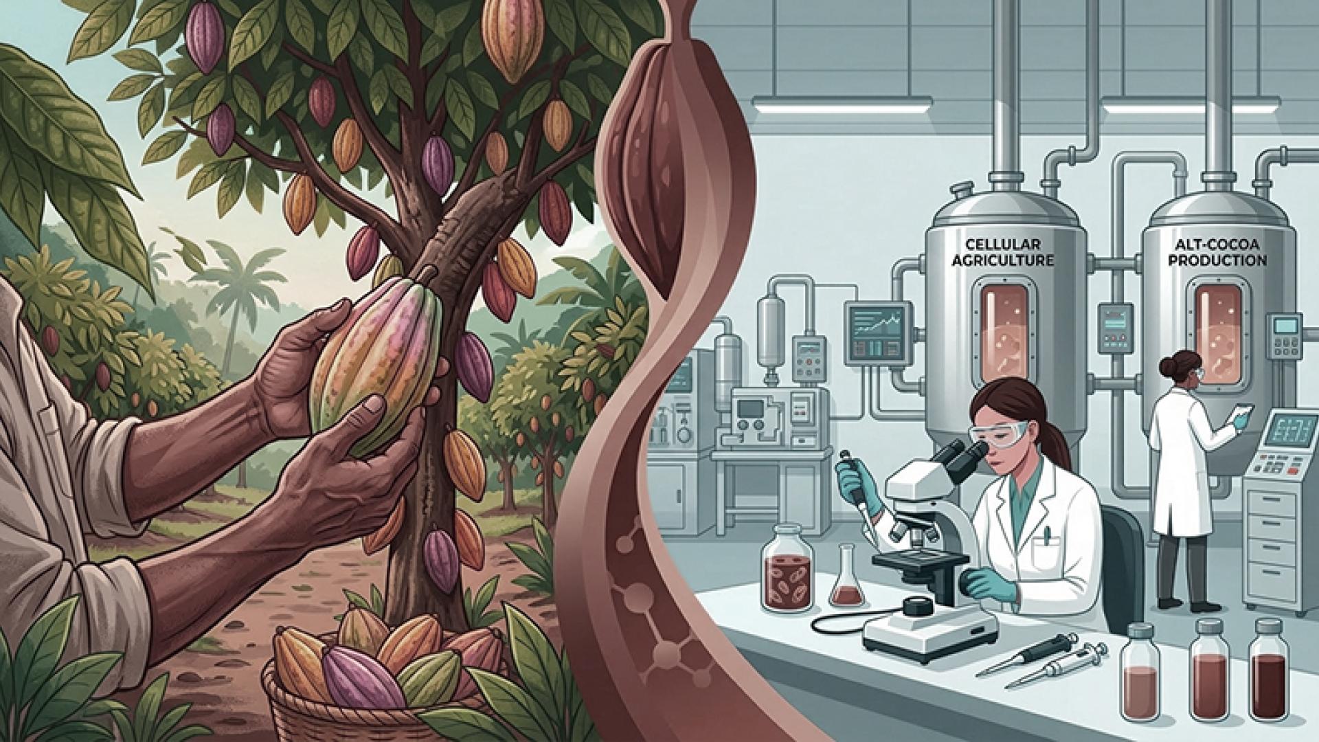 Cacao agriculture alongside cell-cultured cocoa production