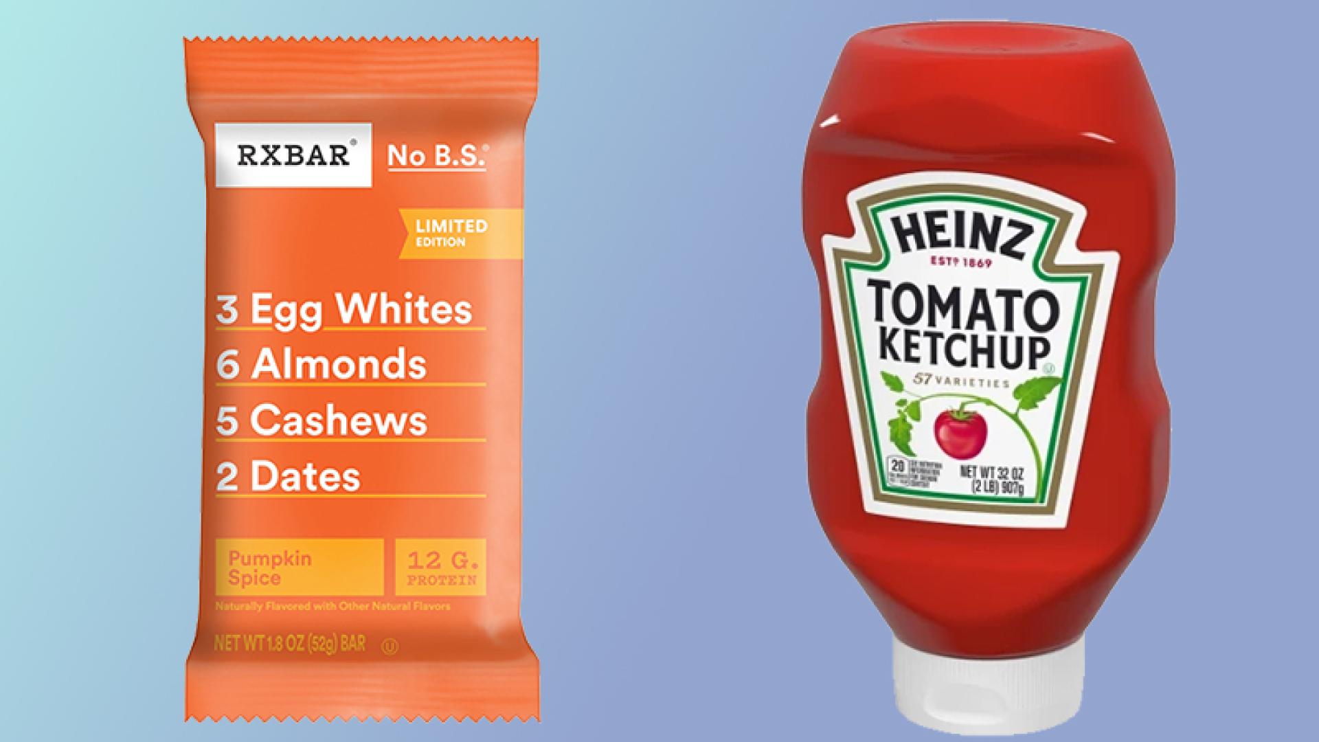 RXBar and Heinz ketchup packages