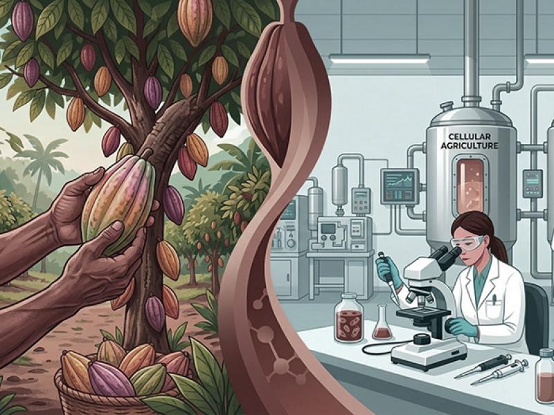 Cacao agriculture alongside cell-cultured cocoa production